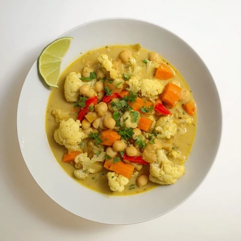 A steaming bowl of creamy Curried Cauliflower and Chickpea Coconut Stew with fresh cilantro garnish.