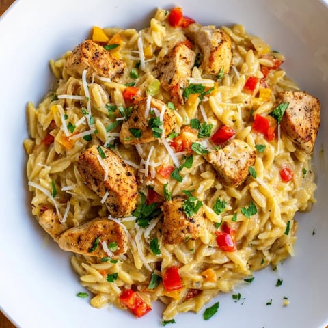 One-Pot Cajun Chicken Alfredo Orzo, a creamy skillet meal, ready in 40 minutes for dinner.
