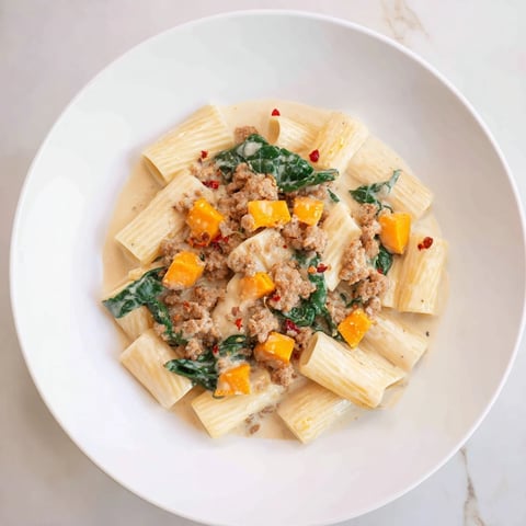 Close-up of Creamy Rigatoni with butternut squash, the sausage and pasta bathed in a creamy sauce.