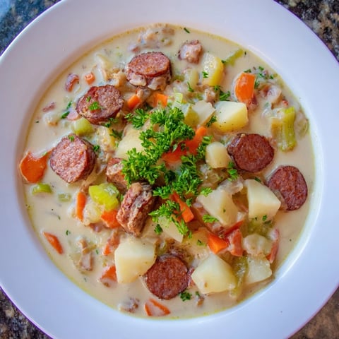 Steaming bowl of creamy chorizo potato soup, garnished with parsley, ready to enjoy.