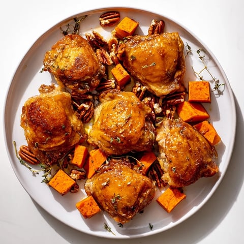 Golden, glistening maple glazed chicken thighs sit alongside caramelized sweet potatoes in a baking pan.