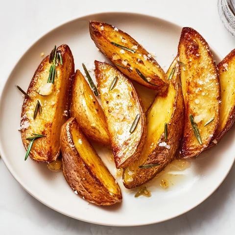 Golden, crispy Quick Rosemary Roast Potato Wedges, ready to serve with fragrant herbs and sea salt.