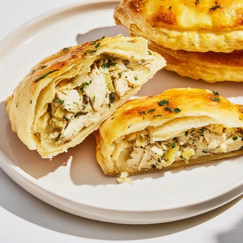 Golden, flaky Chicken Piccata Mini Hand Pies with a savory, tangy filling, ready to serve.