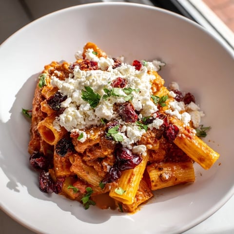 Golden-baked Cranberry-Sage Feta Pasta Bake, a savory casserole with bubbly cheese and sweet cranberries.