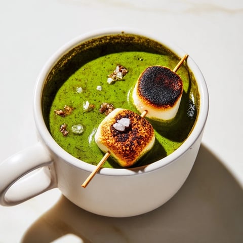 Creamy toasted marshmallow campfire matcha hot cocoa, a warm mug brimming with a toasted marshmallow topping.