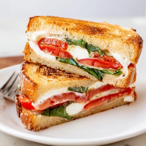 Grilled Tomato Basil Burrata Stuffed Grilled Cheese sandwich, golden and oozing with melted cheese and fresh basil.