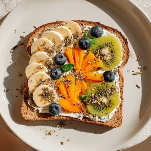 Morning Sun Breakfast Toast with banana sun design and vibrant fresh fruit array.