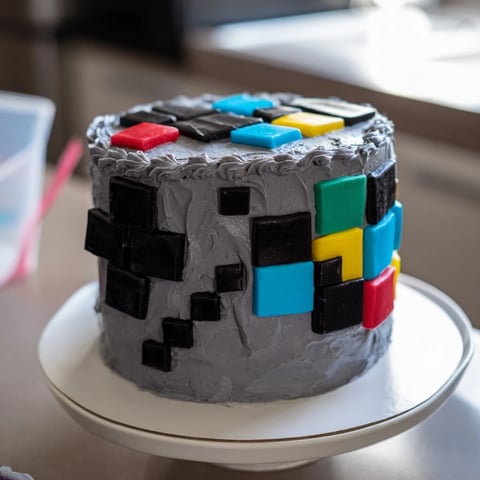 A vibrant Pixel Video Game Controller Cake, a fun dessert decorated with colorful fondant squares.