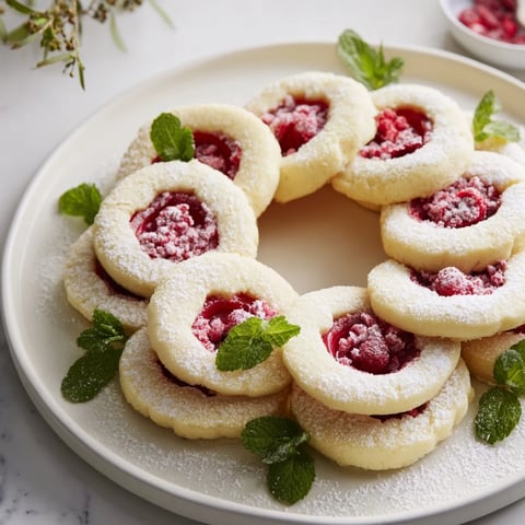 Festive Sweet Raspberry Wreath cookies, golden and dusted with sugar, perfectly arranged on a platter.