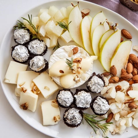 Elegant The Silver Screen cheese board showcases truffle cheese, chocolates, and fruits ready for a movie night.