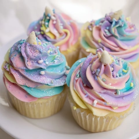 A vibrant Magical Unicorn Dessert Table overflowing with rainbow-colored cupcakes and cookies.