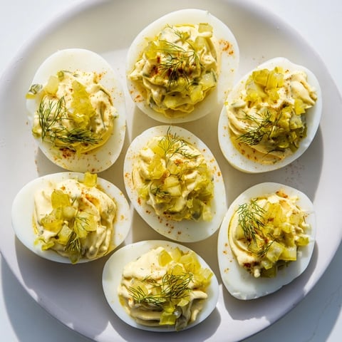 Close-up of creamy dill pickle deviled eggs garnished with fresh dill and paprika.