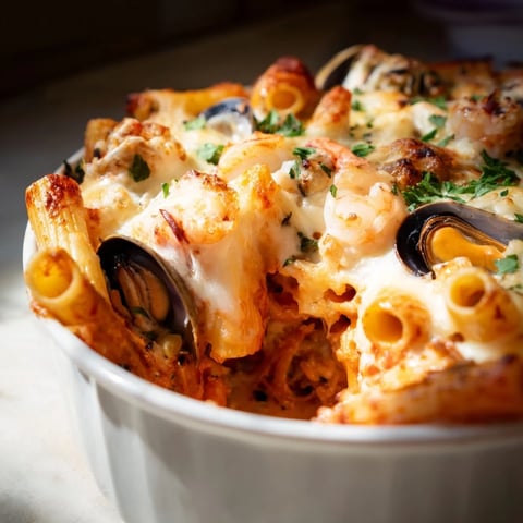 Golden, bubbly seafood pasta bake topped with melted cheese, perfect for dinner tonight.