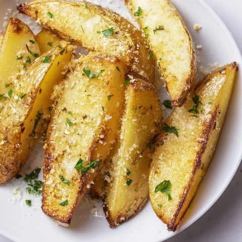 Golden-brown Rosemary Parmesan Potato Wedges, oven-baked to crispy perfection for a tasty side.