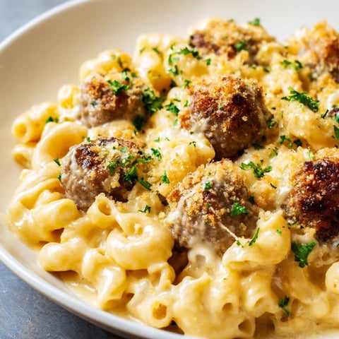 Golden-brown Mac & Cheese Meatball Bake, bubbling with melted cheese and tender meatballs, ready to serve.