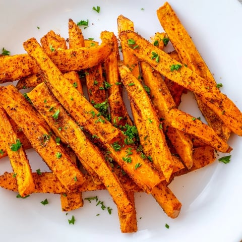 Golden, crispy Cajun Spiced Sweet Potato Fries, served hot and ready with fresh parsley garnish.