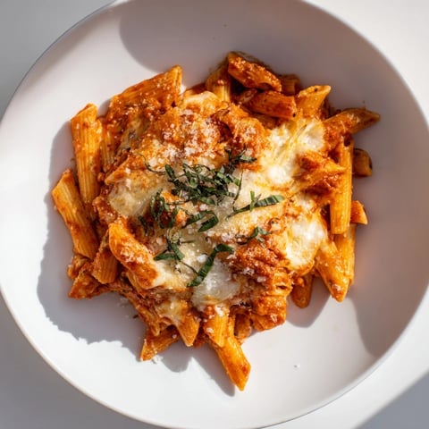Baked Penne Arrabbiata, bubbling with melted mozzarella and Parmesan cheese, offers a comforting, spicy aroma.