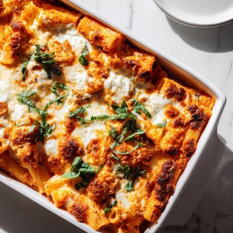 Golden-brown Four Cheese Baked Pasta bubbling, oozing cheese, perfect for an Italian-American feast.