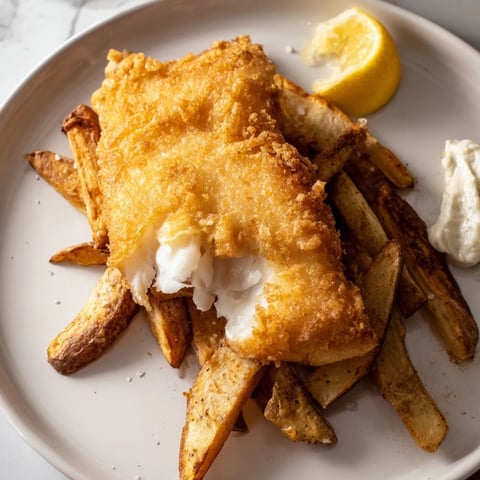 Golden-fried British fish and chips, a classic pub meal with crispy, flaky fish and chunky fries.