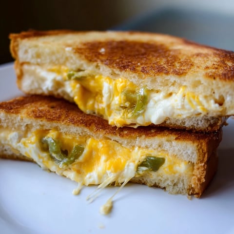 Golden-brown sourdough grilled cheese stuffed with melty cream cheese, sharp cheddar, and fresh jalapeño slices.