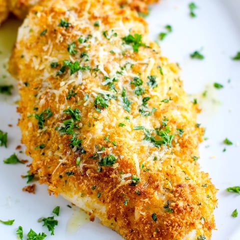 Golden-brown Roasted Garlic Parmesan Chicken fresh from the oven, with a crispy, herb-flecked crust on tender, juicy breasts.