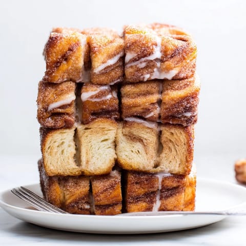 Close-up of a slice of Warm Cinnamon Sugar Pull-Apart Bread, soft texture and glaze.