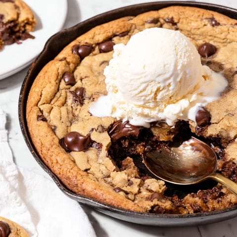 Indulge in this decadent chocolate chip skillet cookie topped with vanilla ice cream.  
