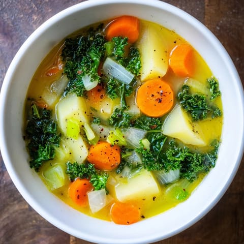 Steaming-hot Vegetarian Potato-Kale Soup, showcasing a close-up view with hearty kale and golden potatoes.