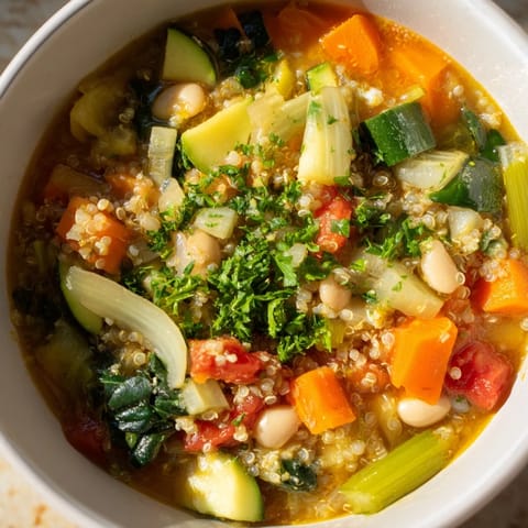 Bright, colorful close-up of thick, hearty Minestrone with Quinoa in a rustic soup bowl, delicious.