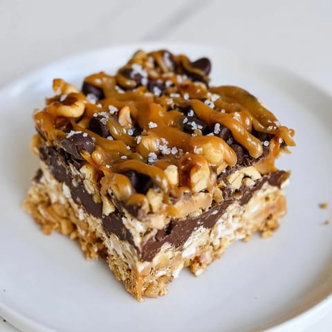 Close up revealing the rich layers of decadent 7-Layer Magic Bars, topped with glistening caramel.