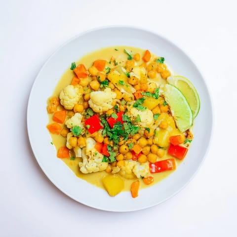 This vibrant photo shows a hearty Curried Cauliflower and Chickpea Coconut Stew, perfect for a cozy dinner.