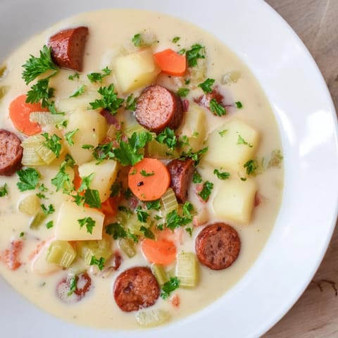A close-up of a flavorful creamy chorizo potato soup with visible chunks of potato.
