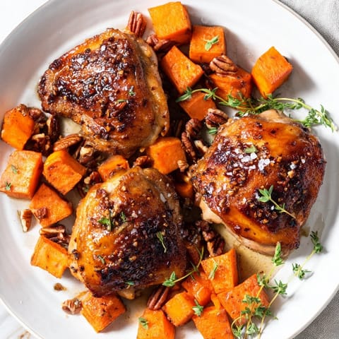 A close-up of tender maple glazed chicken and sweet potatoes, offering sweet and savory notes for dinner.