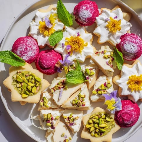 A beautifully presented Daisy Chain Dessert Tray showcasing colorful mini treats and flower garnishes.