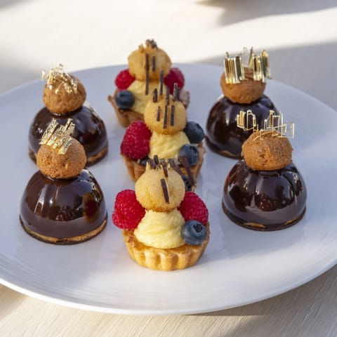 Delicate Piste de Train Mignardises, a French dessert train track, meticulously arranged with miniature pastries.