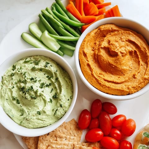 Delicious Festive Dip Duo Board with a creamy red dip and fresh green dip with colorful vegetable dippers for a party.