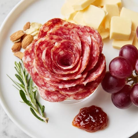 Single-serving easy charcuterie presents a beautiful salami rose, delicious cheeses, and vibrant berries.