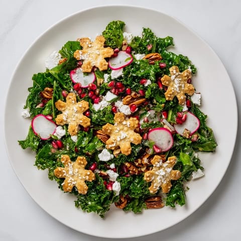 A colorful winter salad features crisp greens, pomegranates, and feta, topped with crunchy snowflake tortilla chips.