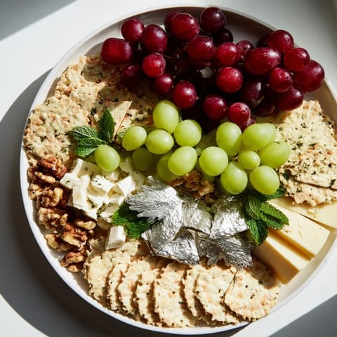 A festive Sparkling Grape and Silver Cracker Platter, ready to serve with brie, cheddar, and toasted nuts.