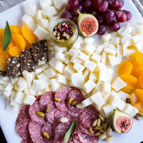 Artfully arranged Pomegranate Jewel Cascade with assorted cheeses, charcuterie, and fresh fruit for an elegant appetizer.