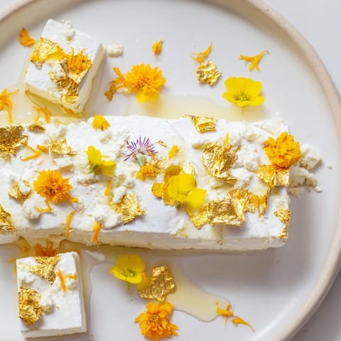 Indulge in this "Gilded Lily," a luxurious cheese board with edible gold and colorful flowers, ready to serve!