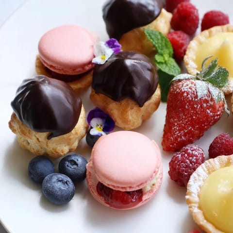 A beautifully arranged Montgolfière Dessert Platter showcasing various mini French pastries and fresh berries.