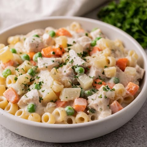 Delicious Chicken Pot Pie Pasta Soup: imagine the rich, creamy broth with vegetables and pasta.