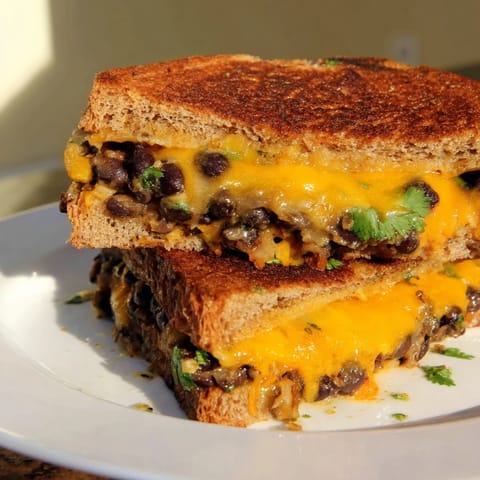 Warm, cheesy Black Bean Grilled Cheese sandwich with a messy, delicious, savory filling, ready to eat.