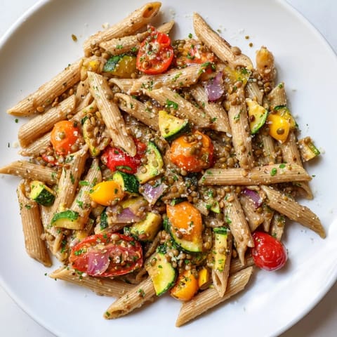 This lentil pasta with vegetables boasts tender roasted veggies and a light, herby sauce; so tasty.