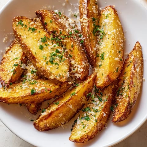 A close-up of savory Rosemary Parmesan Potato Wedges, generously sprinkled with Parmesan cheese.