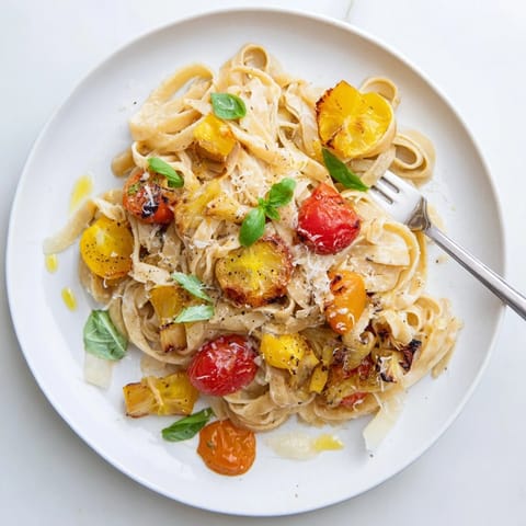 A skillet of roasted garlic pasta sauce simmering with diced tomatoes, onions, and herbs on a rustic stovetop.