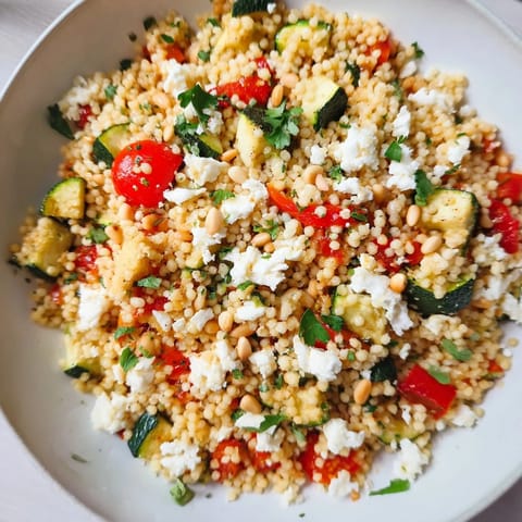 A vibrant bowl of roasted veggie couscous salad topped with feta, fresh mint, and toasted pine nuts.  