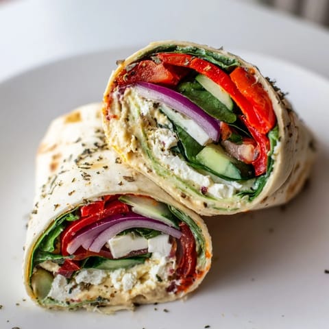 Two diagonal halves of a Mediterranean Veggie Wrap reveal layers of feta, red peppers, and spinach.