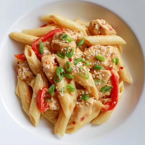 Sweet Chili Chicken Pasta served in a white bowl with a squeeze of lime, showcasing the red bell peppers and rich sauce.  